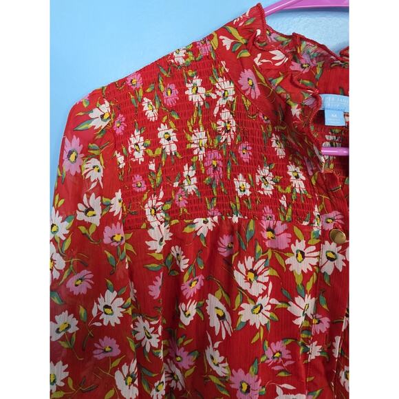 Medium Draper James RSVP Womens Shirt Long Sleeve Smocked Neck Top Red Floral - Picture 3 of 4
